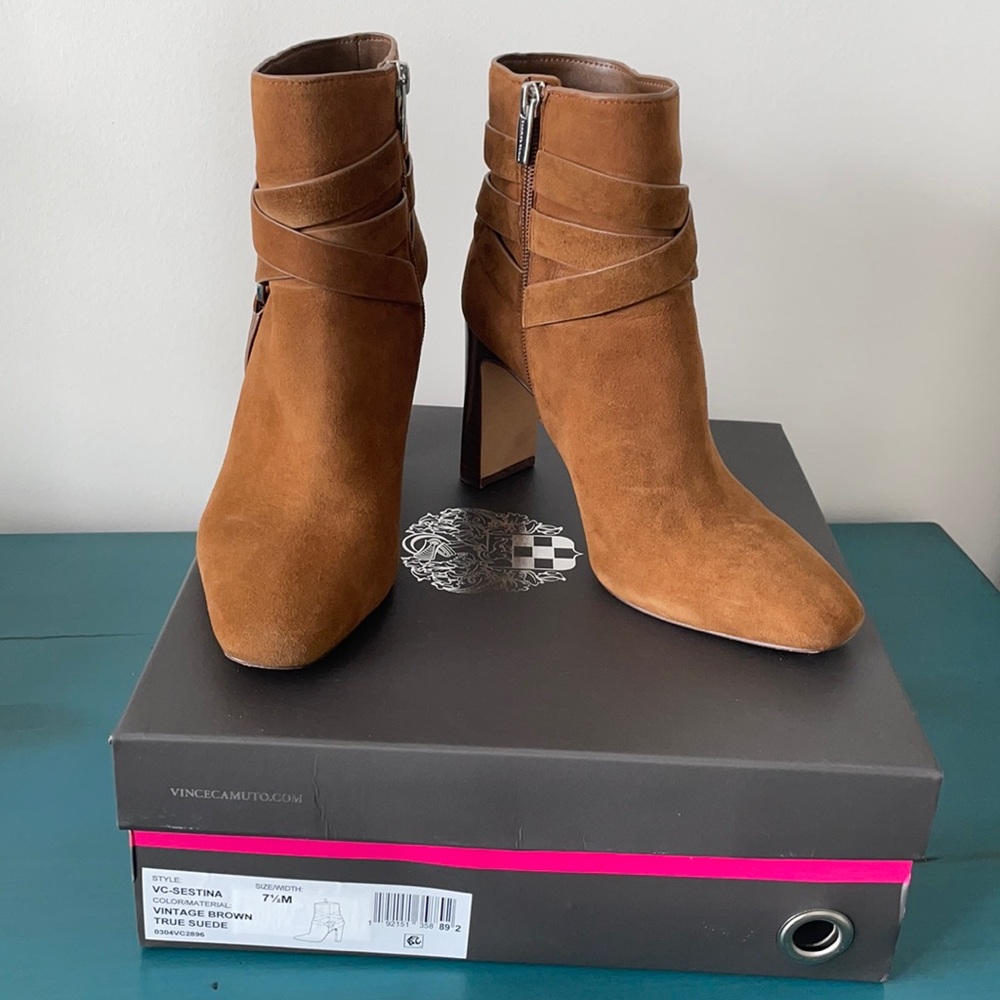 Vince Camuto Sestina Harness Square Toe Bootie - Brown Suede - Size 7.5